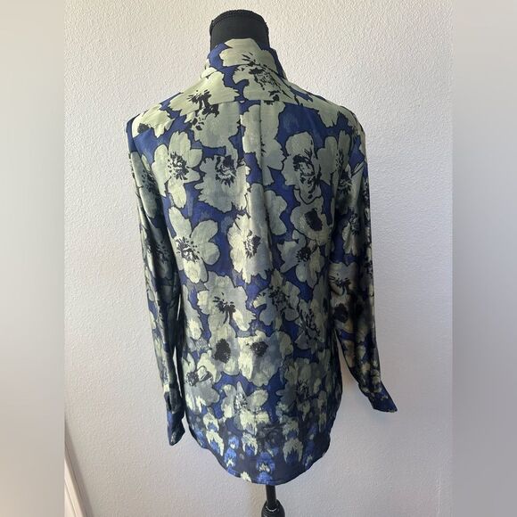 BANANA REPUBLIC Dillon Floral Silky Blouse Button Down Front XS Blue Green - Picture 6 of 9